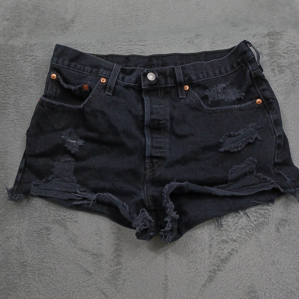 Levis 501 Shorts Womens 31 Black Premium Denim Distressed Cut Off 56327-0318